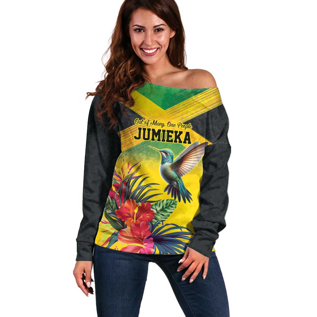 Personalized Jamaica Hummingbird Off Shoulder Sweater Tropical Flowers Grunge Flag - Wonder Print Shop