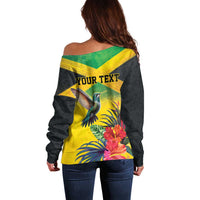 Personalized Jamaica Hummingbird Off Shoulder Sweater Tropical Flowers Grunge Flag - Wonder Print Shop