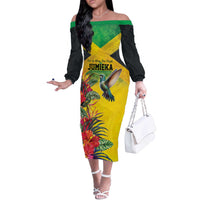 Personalized Jamaica Hummingbird Off The Shoulder Long Sleeve Dress Tropical Flowers Grunge Flag - Wonder Print Shop