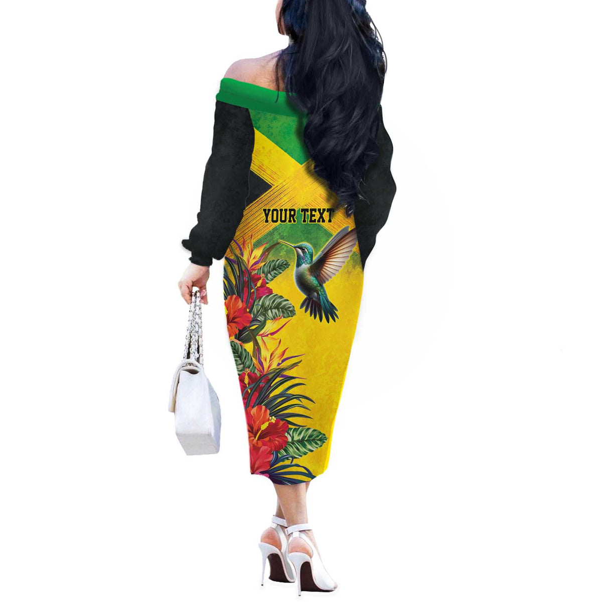 Personalized Jamaica Hummingbird Off The Shoulder Long Sleeve Dress Tropical Flowers Grunge Flag - Wonder Print Shop