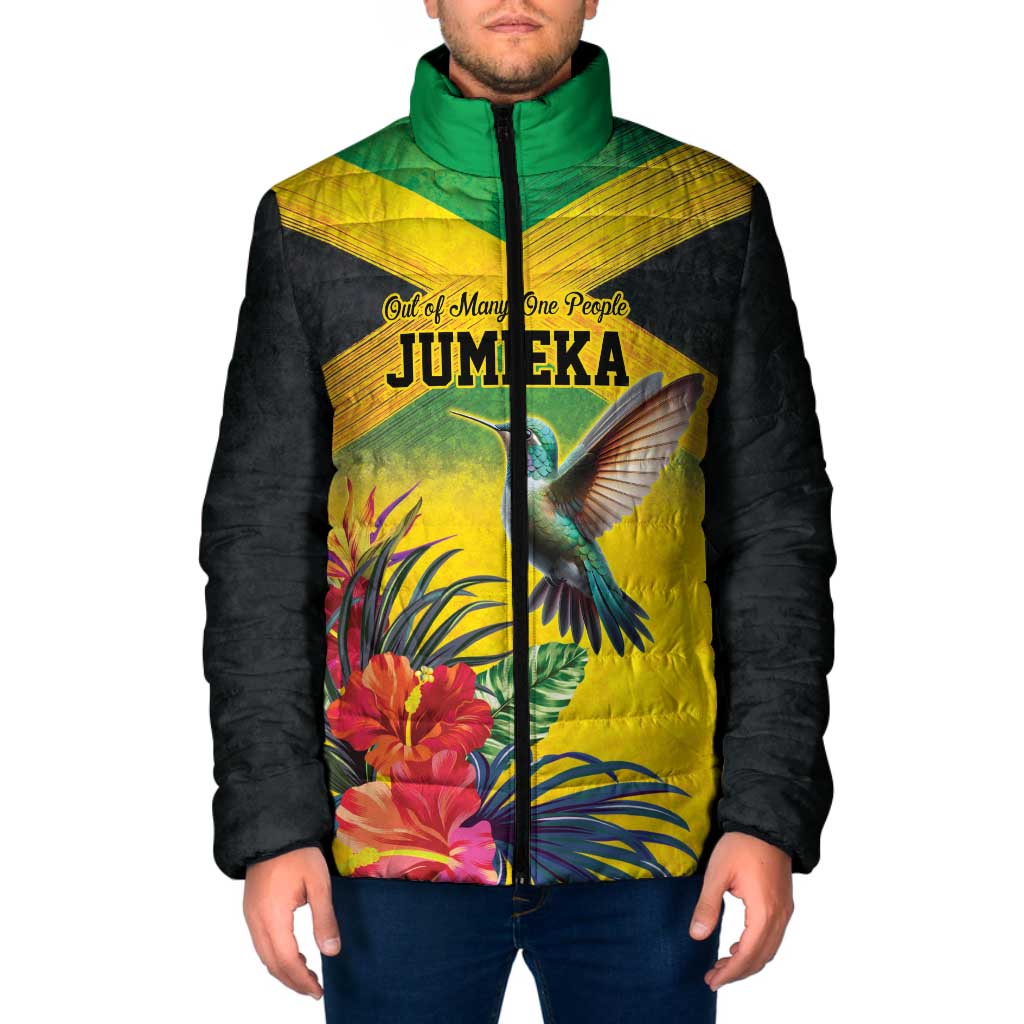 Personalized Jamaica Hummingbird Padded Jacket Tropical Flowers Grunge Flag - Wonder Print Shop