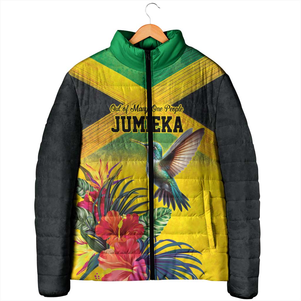 Personalized Jamaica Hummingbird Padded Jacket Tropical Flowers Grunge Flag - Wonder Print Shop