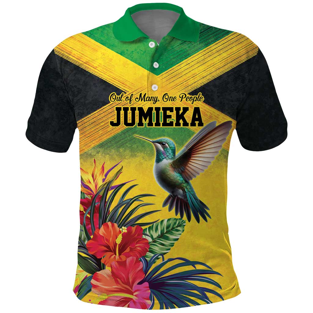 Personalized Jamaica Hummingbird Polo Shirt Tropical Flowers Grunge Flag - Wonder Print Shop