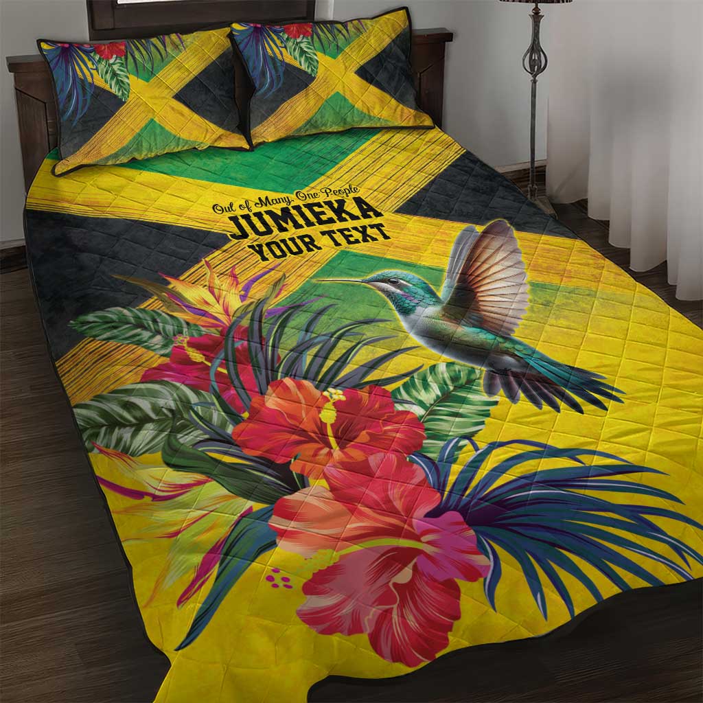 Personalized Jamaica Hummingbird Quilt Bed Set Tropical Flowers Grunge Flag - Wonder Print Shop