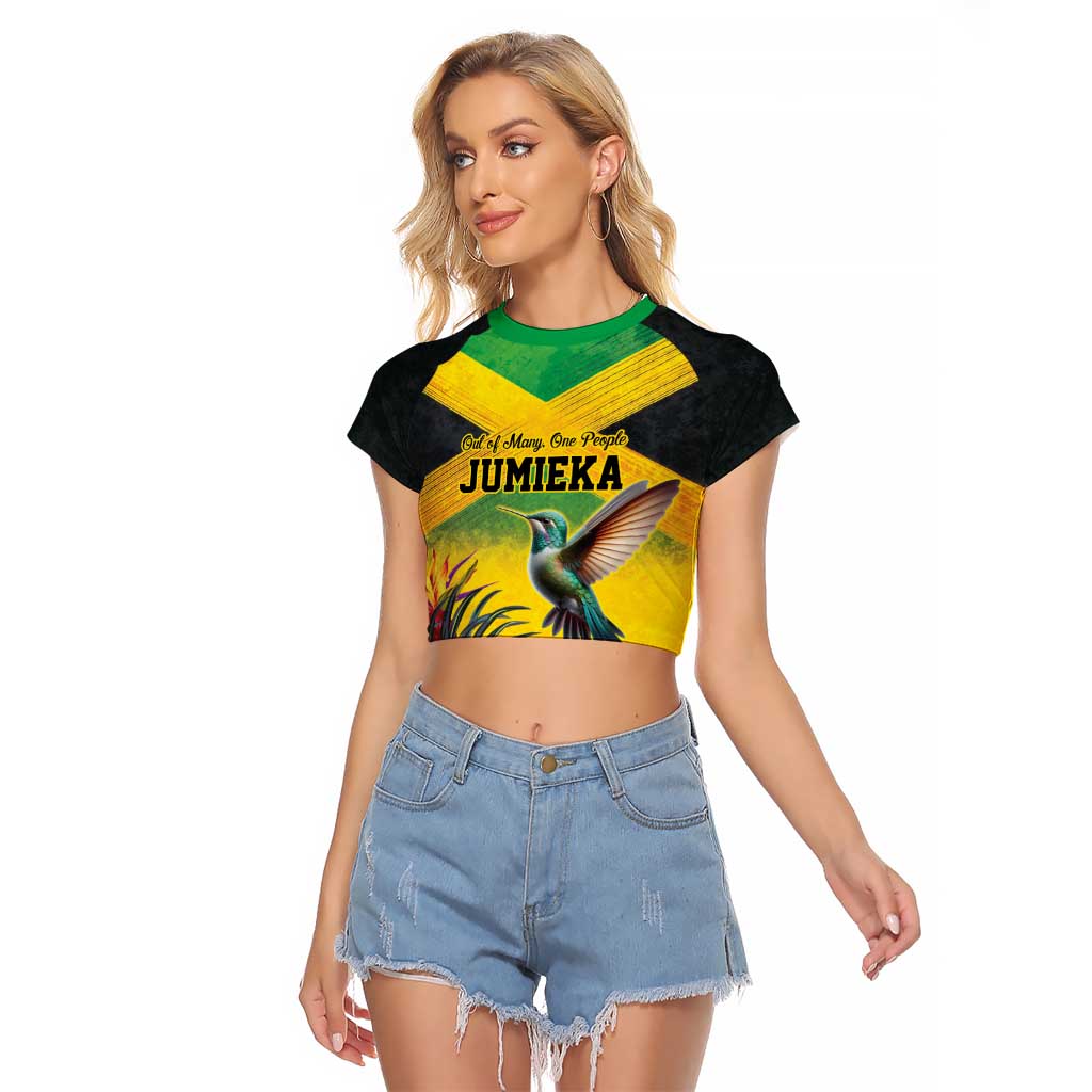 Personalized Jamaica Hummingbird Raglan Cropped T Shirt Tropical Flowers Grunge Flag - Wonder Print Shop