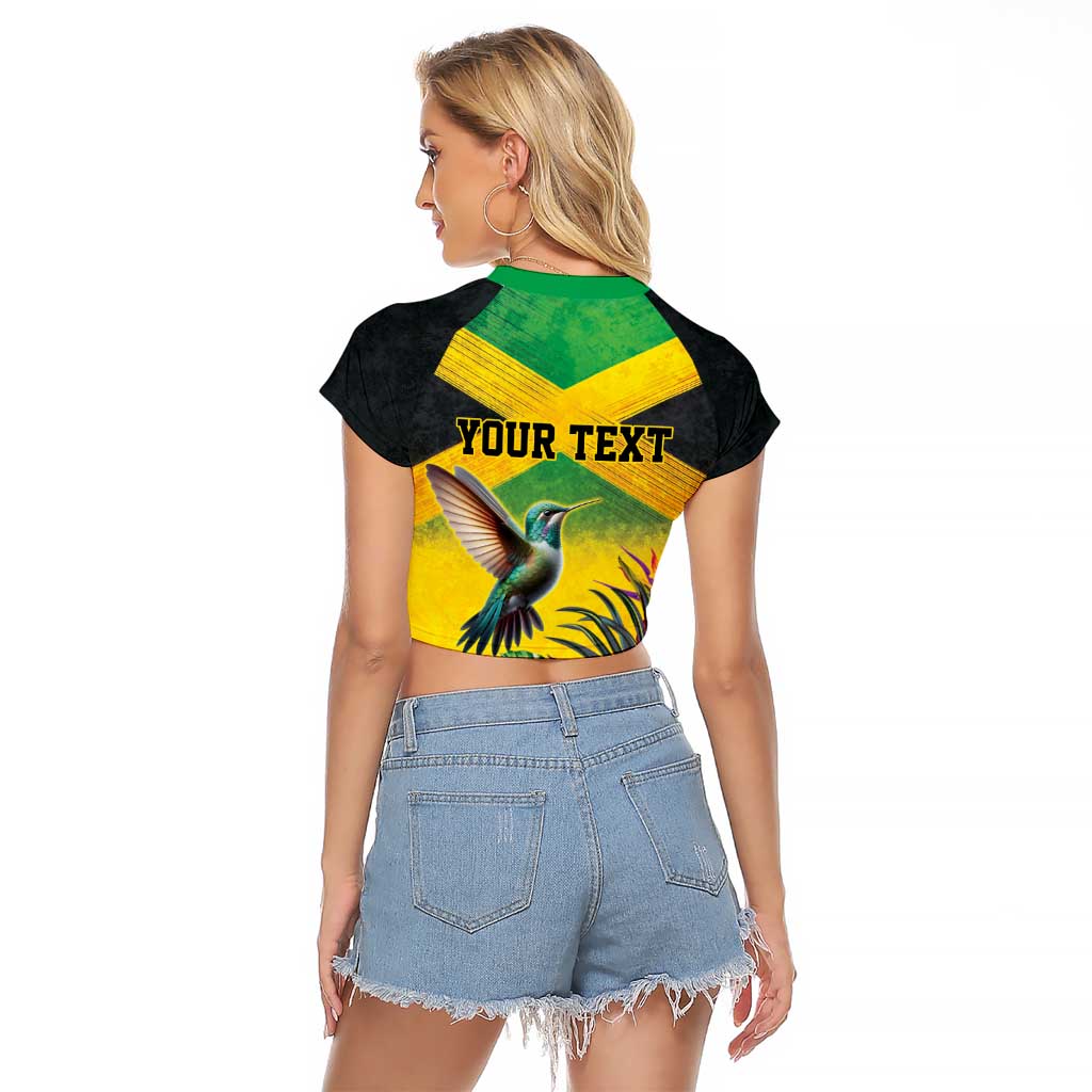 Personalized Jamaica Hummingbird Raglan Cropped T Shirt Tropical Flowers Grunge Flag - Wonder Print Shop