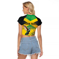 Personalized Jamaica Hummingbird Raglan Cropped T Shirt Tropical Flowers Grunge Flag - Wonder Print Shop