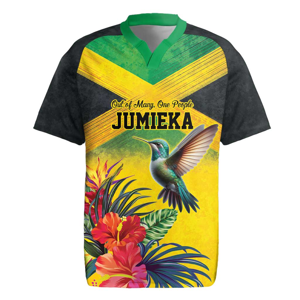 Personalized Jamaica Hummingbird Rugby Jersey Tropical Flowers Grunge Flag - Wonder Print Shop
