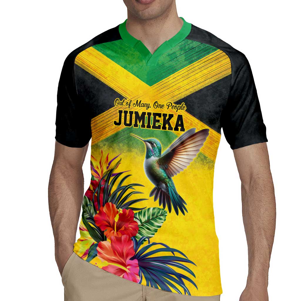 Personalized Jamaica Hummingbird Rugby Jersey Tropical Flowers Grunge Flag - Wonder Print Shop