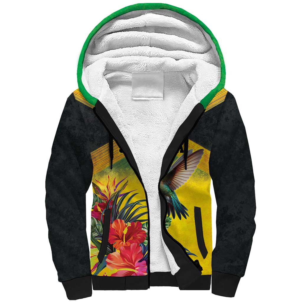 Personalized Jamaica Hummingbird Sherpa Hoodie Tropical Flowers Grunge Flag - Wonder Print Shop
