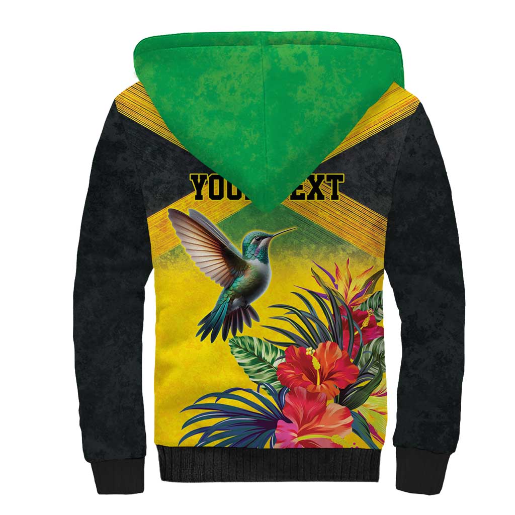 Personalized Jamaica Hummingbird Sherpa Hoodie Tropical Flowers Grunge Flag - Wonder Print Shop