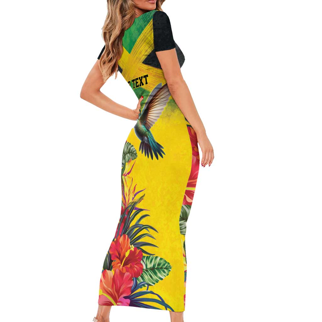 Personalized Jamaica Hummingbird Short Sleeve Bodycon Dress Tropical Flowers Grunge Flag - Wonder Print Shop