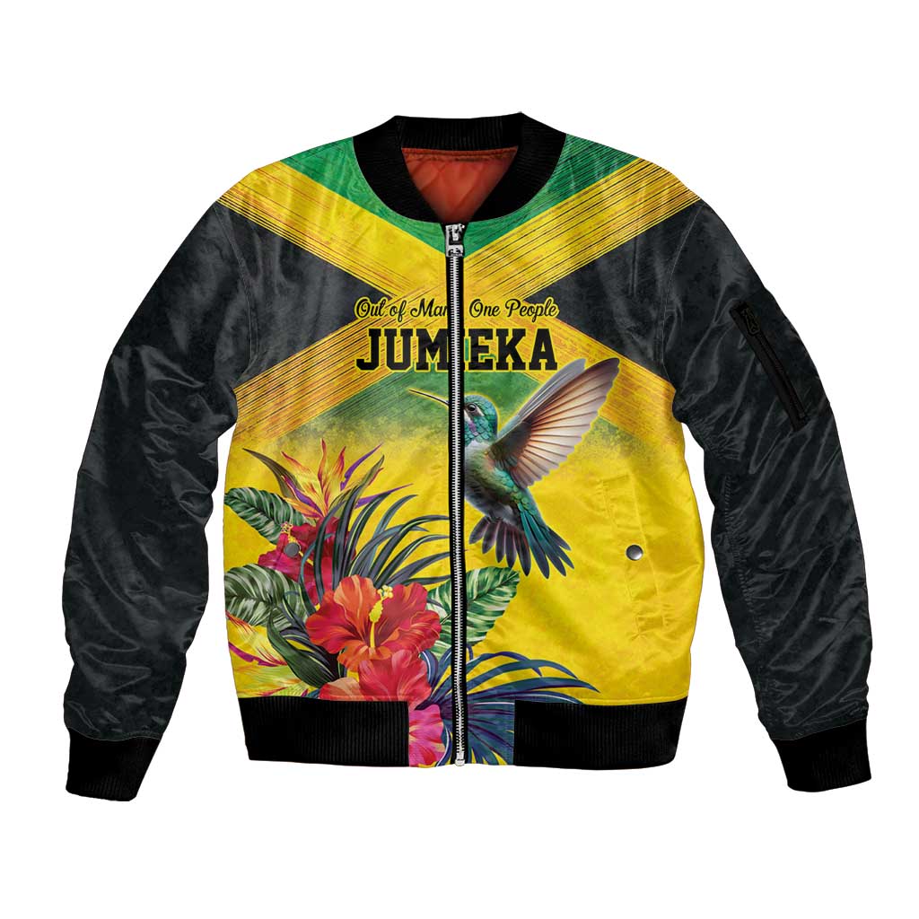 Personalized Jamaica Hummingbird Sleeve Zip Bomber Jacket Tropical Flowers Grunge Flag - Wonder Print Shop