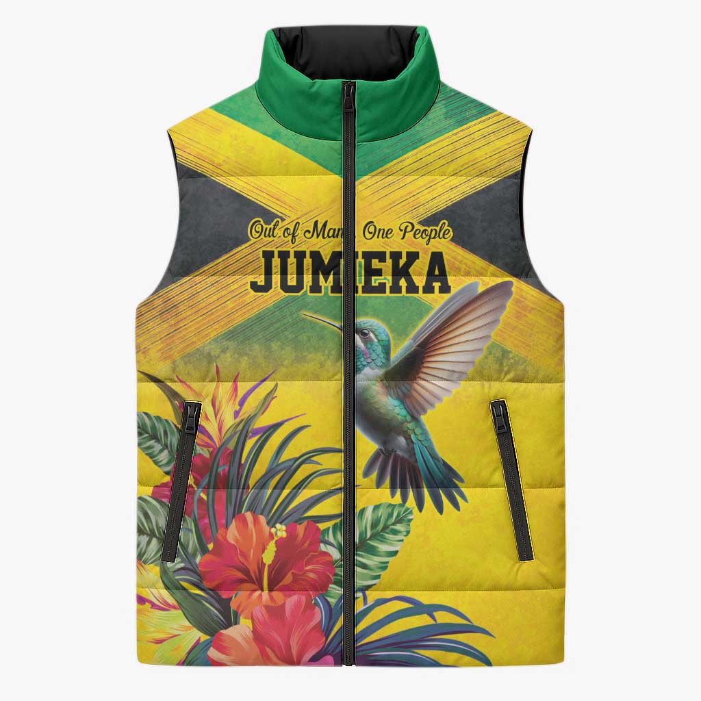Personalized Jamaica Hummingbird Sleeveless Puffer Jacket Tropical Flowers Grunge Flag - Wonder Print Shop