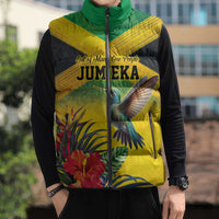 Personalized Jamaica Hummingbird Sleeveless Puffer Jacket Tropical Flowers Grunge Flag - Wonder Print Shop
