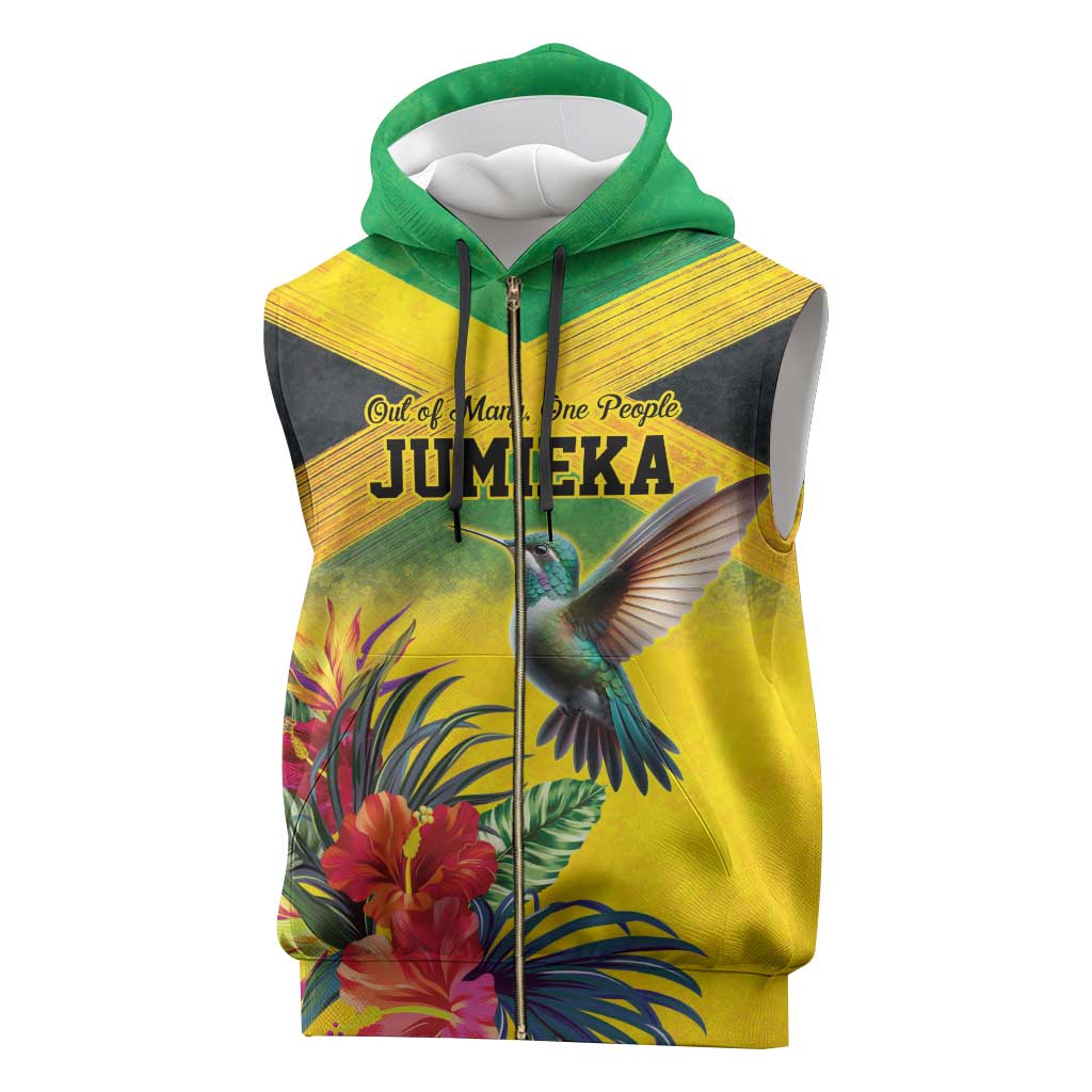 Personalized Jamaica Hummingbird Sleeveless Zip Hoodie Tropical Flowers Grunge Flag - Wonder Print Shop