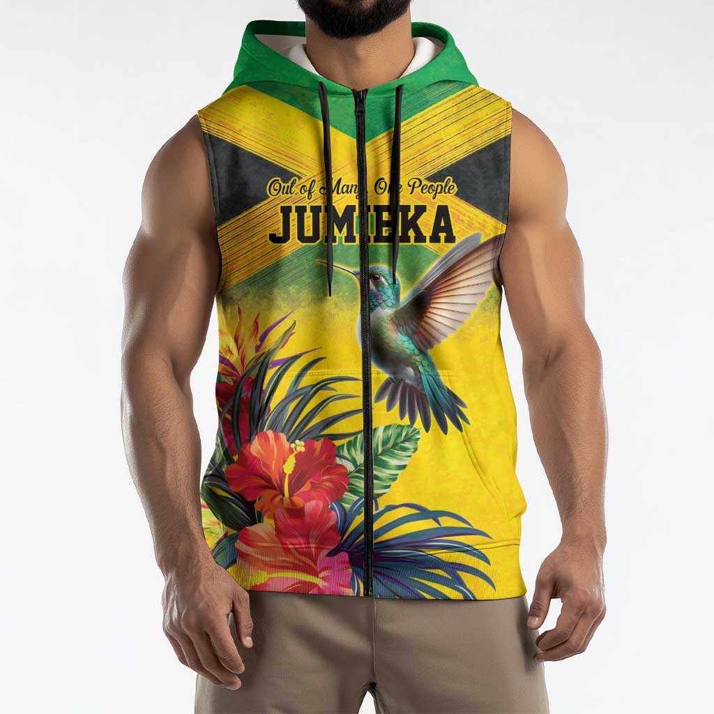 Personalized Jamaica Hummingbird Sleeveless Zip Hoodie Tropical Flowers Grunge Flag - Wonder Print Shop