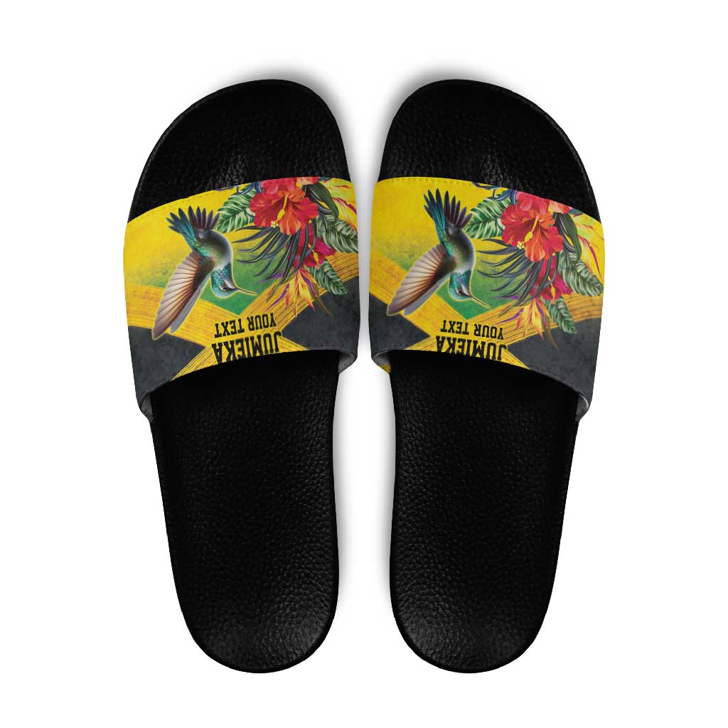 Personalized Jamaica Hummingbird Slide Sandals Tropical Flowers Grunge Flag - Wonder Print Shop