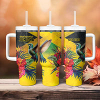 Personalized Jamaica Hummingbird Tumbler With Handle Tropical Flowers Grunge Flag - Wonder Print Shop