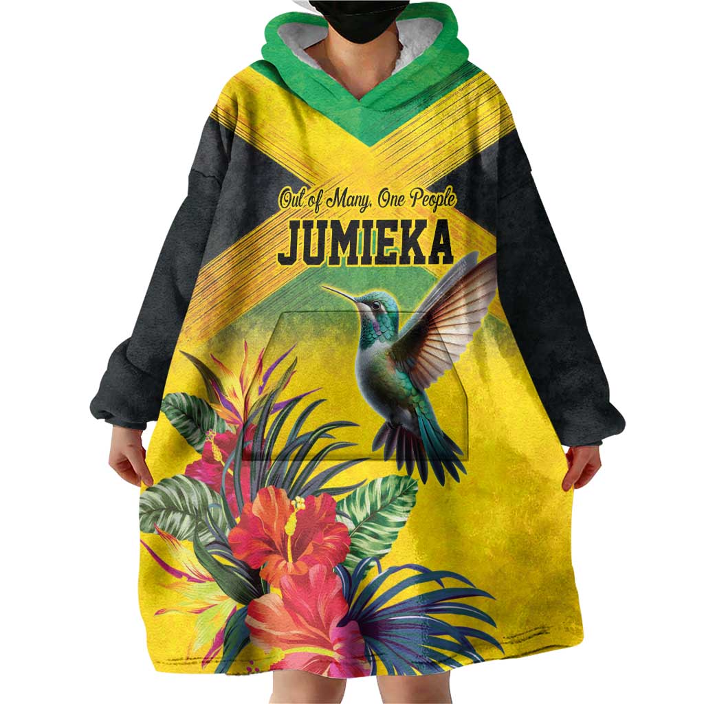 Personalized Jamaica Hummingbird Wearable Blanket Hoodie Tropical Flowers Grunge Flag - Wonder Print Shop