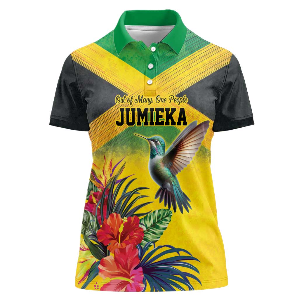 Personalized Jamaica Hummingbird Women Polo Shirt Tropical Flowers Grunge Flag - Wonder Print Shop