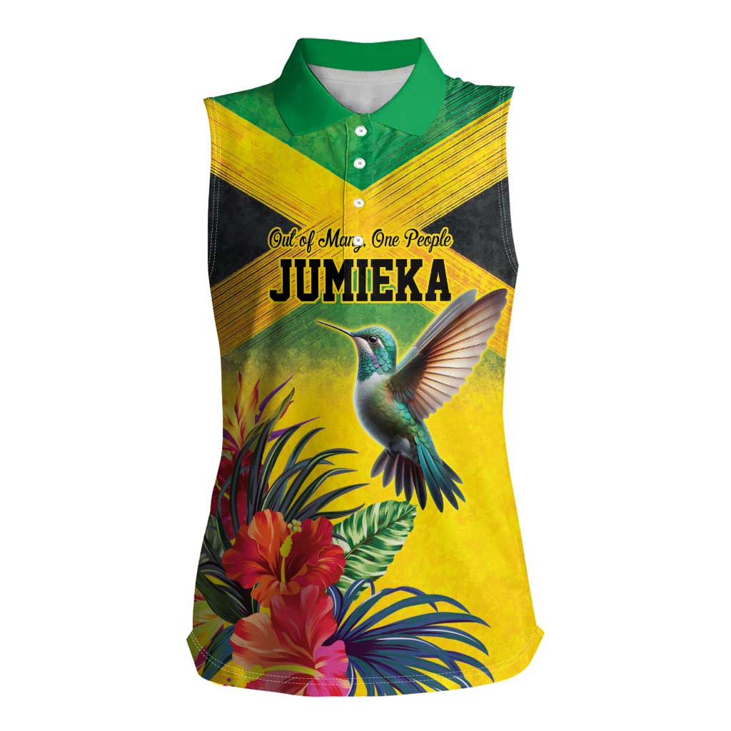 Personalized Jamaica Hummingbird Women Sleeveless Polo Shirt Tropical Flowers Grunge Flag - Wonder Print Shop