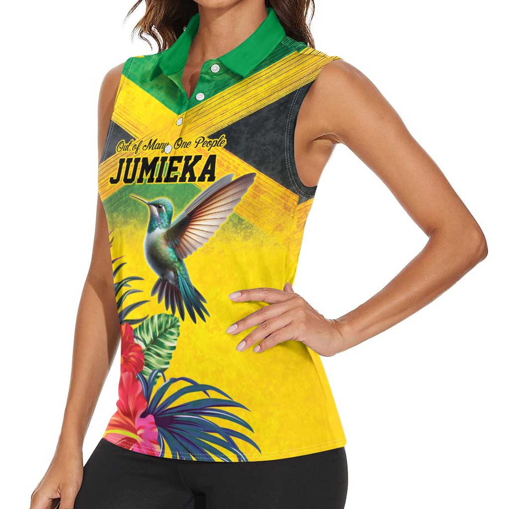 Personalized Jamaica Hummingbird Women Sleeveless Polo Shirt Tropical Flowers Grunge Flag - Wonder Print Shop