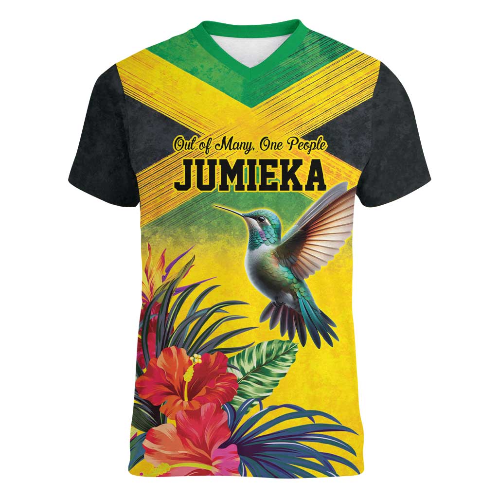 Personalized Jamaica Hummingbird Women V-Neck T-Shirt Tropical Flowers Grunge Flag - Wonder Print Shop