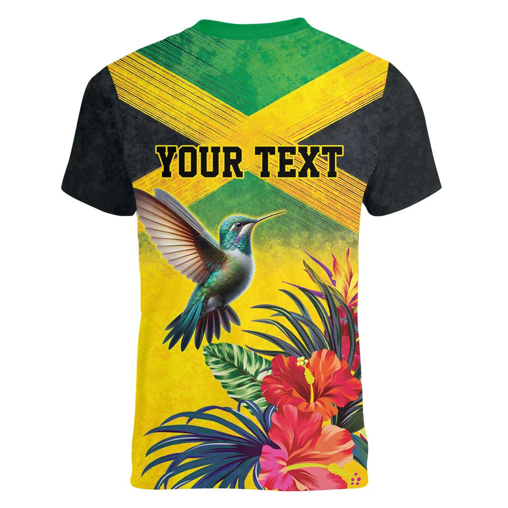 Personalized Jamaica Hummingbird Women V-Neck T-Shirt Tropical Flowers Grunge Flag - Wonder Print Shop