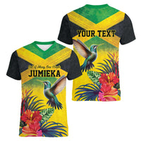 Personalized Jamaica Hummingbird Women V-Neck T-Shirt Tropical Flowers Grunge Flag - Wonder Print Shop
