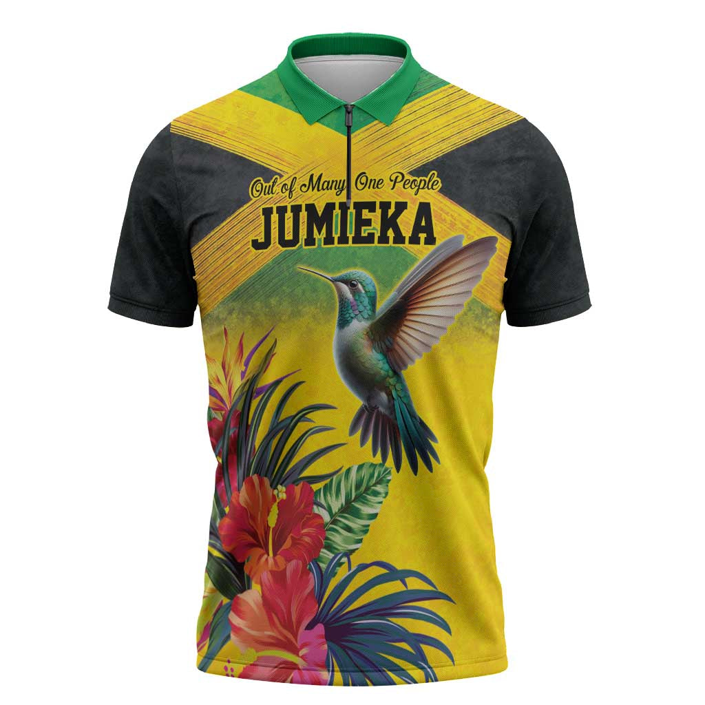 Personalized Jamaica Hummingbird Zipper Polo Shirt Tropical Flowers Grunge Flag - Wonder Print Shop