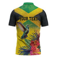 Personalized Jamaica Hummingbird Zipper Polo Shirt Tropical Flowers Grunge Flag - Wonder Print Shop