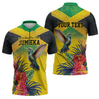 Personalized Jamaica Hummingbird Zipper Polo Shirt Tropical Flowers Grunge Flag - Wonder Print Shop