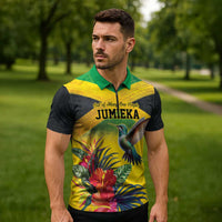 Personalized Jamaica Hummingbird Zipper Polo Shirt Tropical Flowers Grunge Flag - Wonder Print Shop