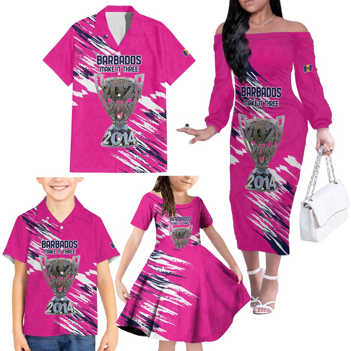 Caribbean Cricket Barbados Personalized Family Matching Off The Shoulder Long Sleeve Dress and Hawaiian Shirt Make It Three 2025 is Ours - Wonder Print Shop
