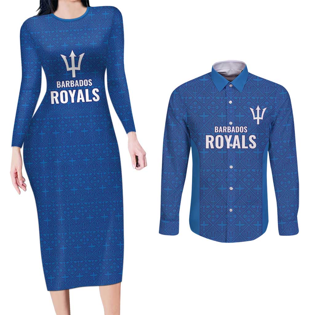 Caribbean Cricket Barbados Custom Couples Matching Long Sleeve Bodycon Dress and Long Sleeve Button Shirt Strike of the Tridents - Wonder Print Shop