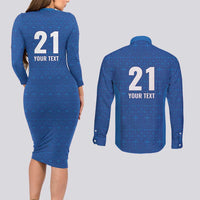 Caribbean Cricket Barbados Custom Couples Matching Long Sleeve Bodycon Dress and Long Sleeve Button Shirt Strike of the Tridents - Wonder Print Shop