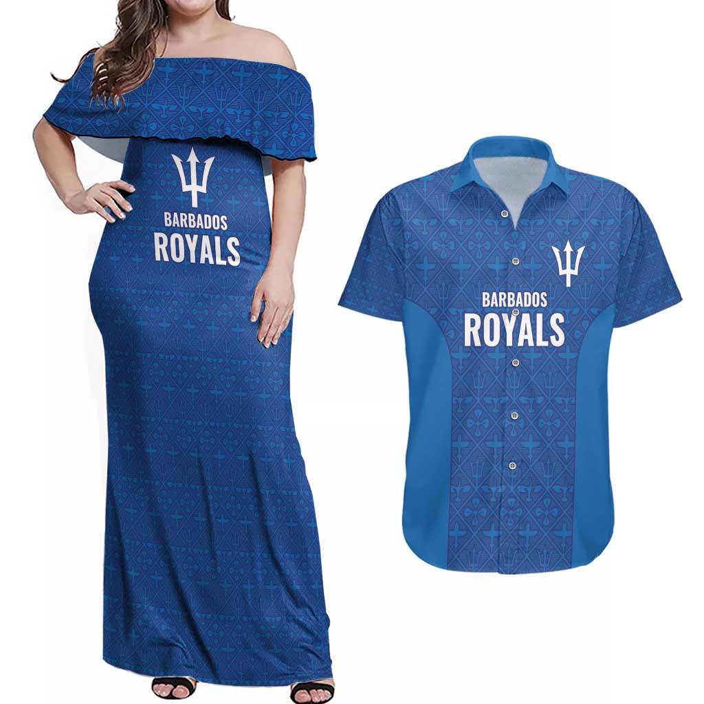 Caribbean Cricket Barbados Custom Couples Matching Off Shoulder Maxi Dress and Hawaiian Shirt Strike of the Tridents - Wonder Print Shop
