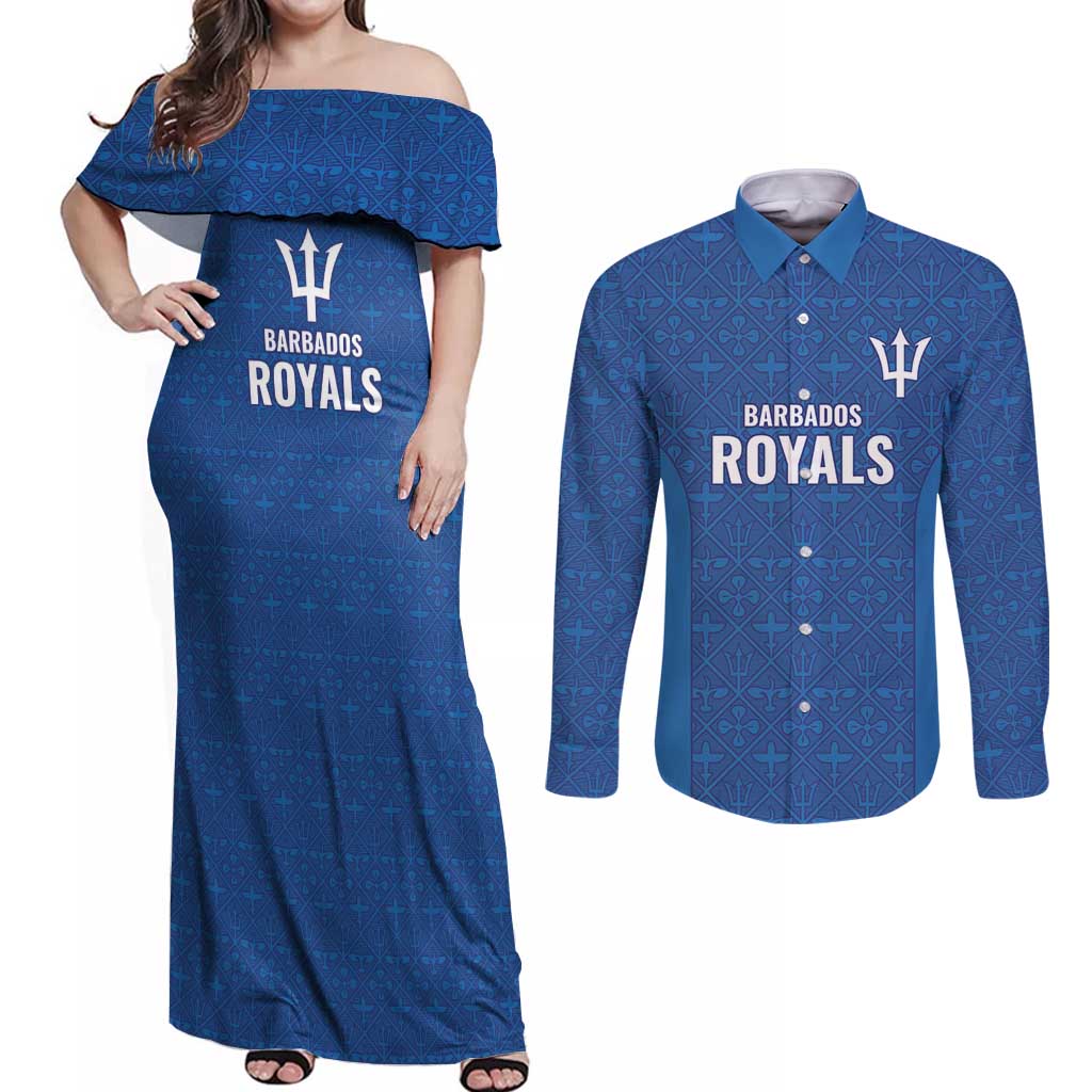 Caribbean Cricket Barbados Custom Couples Matching Off Shoulder Maxi Dress and Long Sleeve Button Shirt Strike of the Tridents - Wonder Print Shop