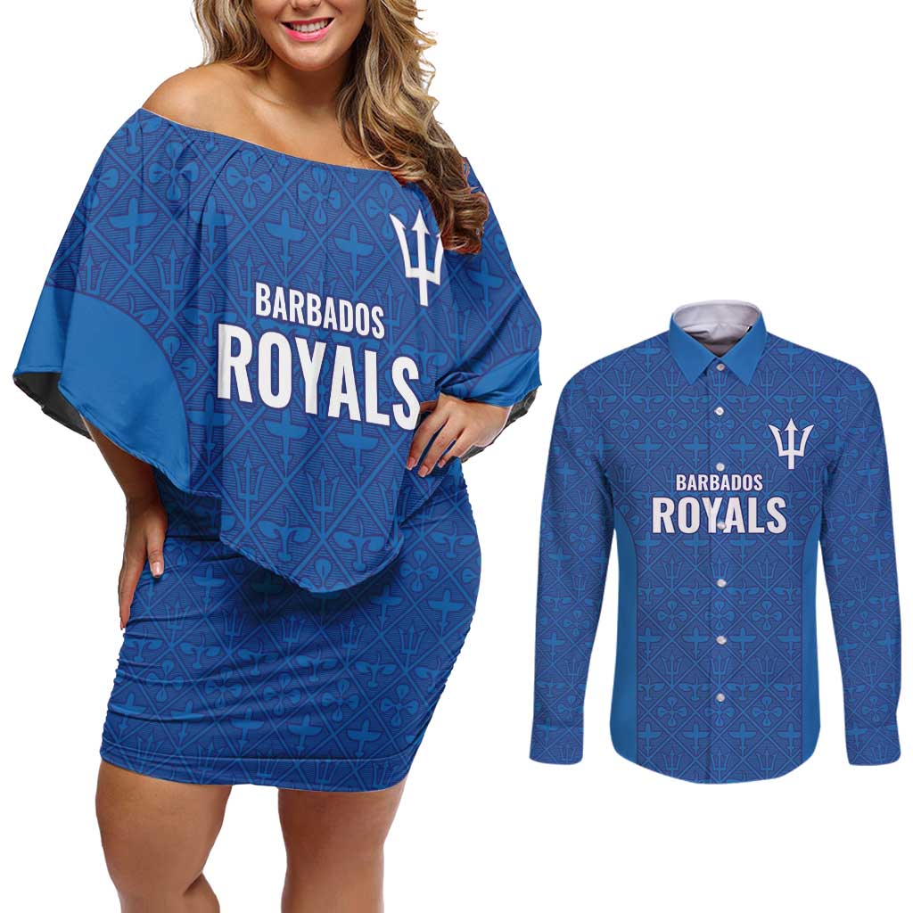 Caribbean Cricket Barbados Custom Couples Matching Off Shoulder Short Dress and Long Sleeve Button Shirt Strike of the Tridents - Wonder Print Shop