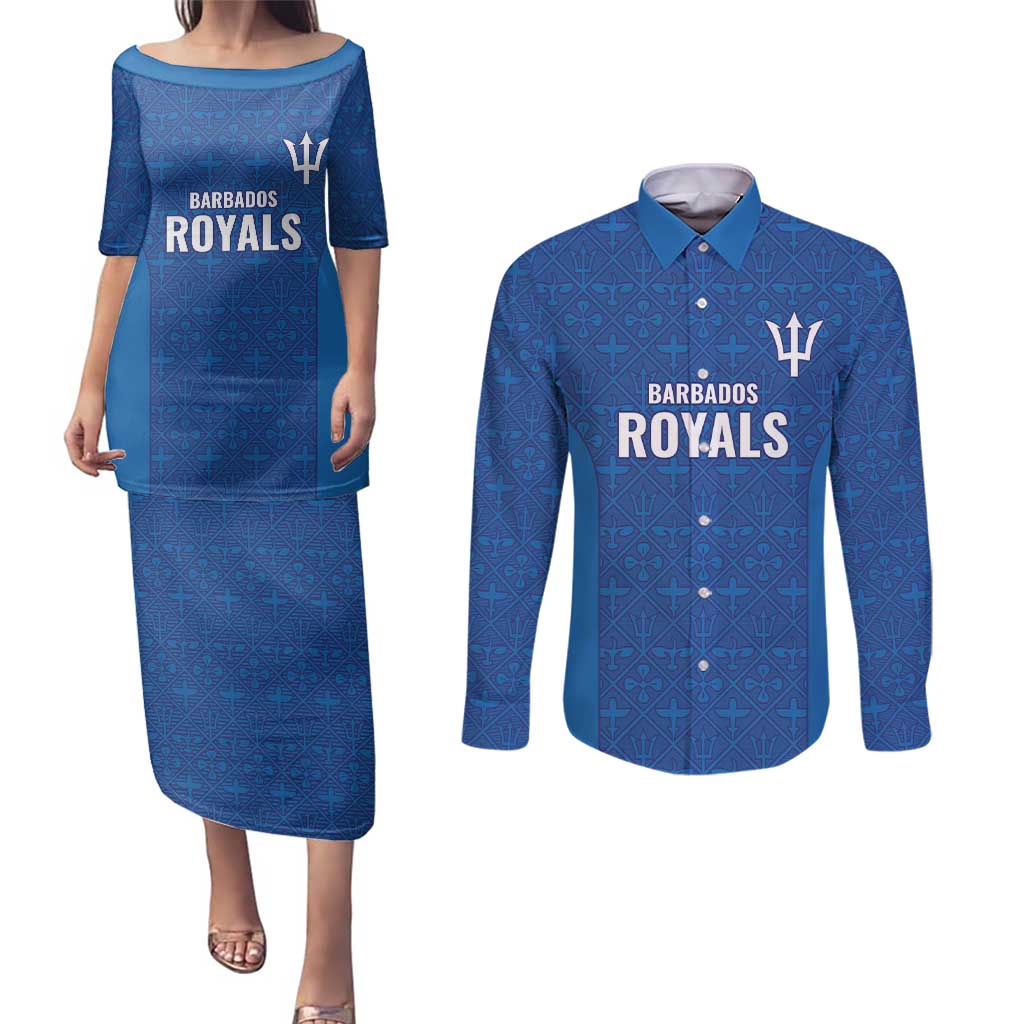 Caribbean Cricket Barbados Custom Couples Matching Puletasi and Long Sleeve Button Shirt Strike of the Tridents - Wonder Print Shop