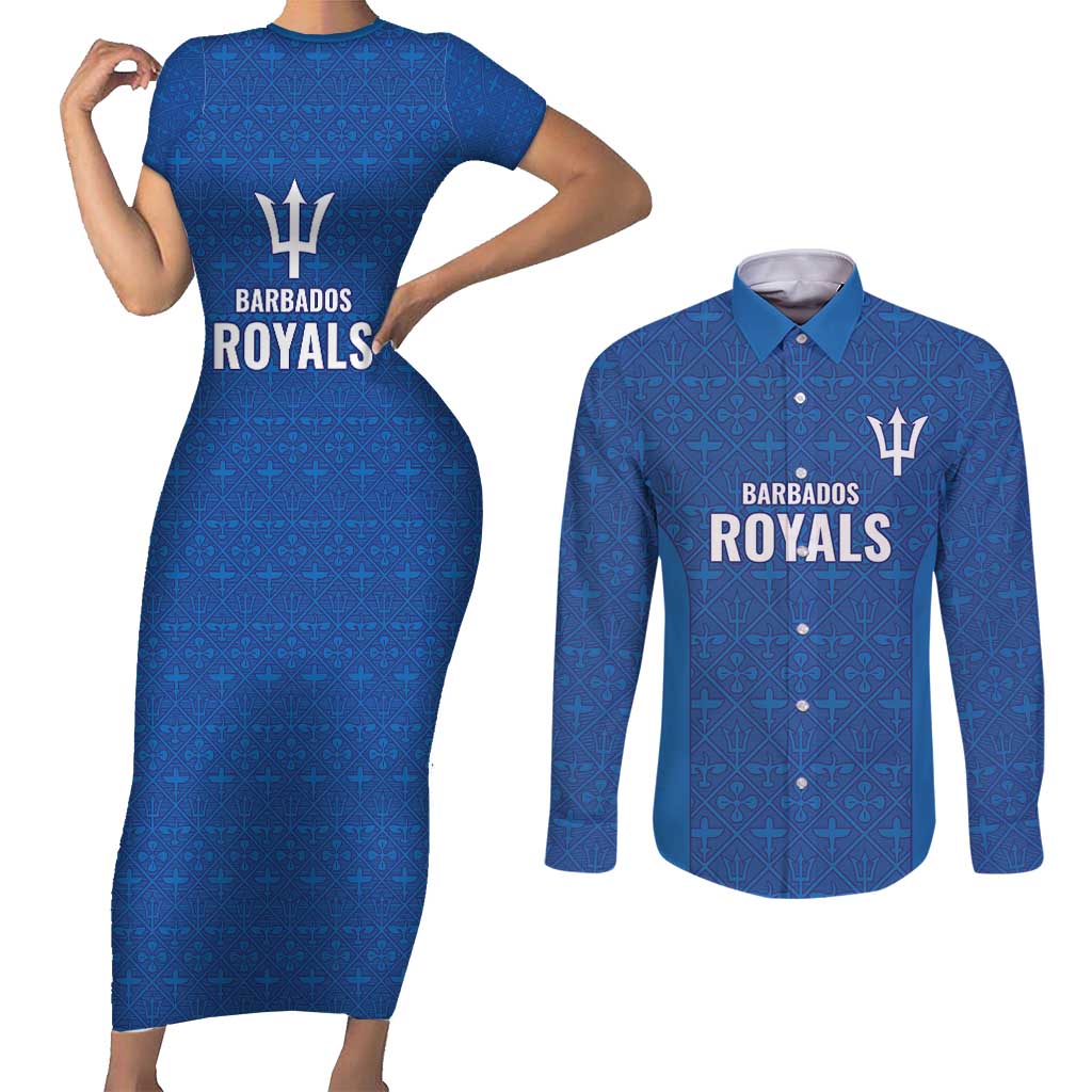 Caribbean Cricket Barbados Custom Couples Matching Short Sleeve Bodycon Dress and Long Sleeve Button Shirt Strike of the Tridents - Wonder Print Shop
