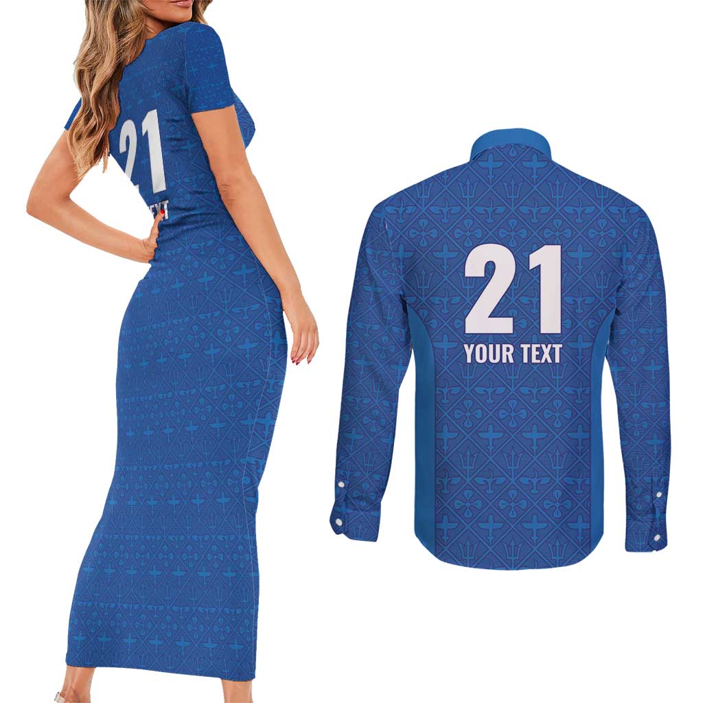 Caribbean Cricket Barbados Custom Couples Matching Short Sleeve Bodycon Dress and Long Sleeve Button Shirt Strike of the Tridents - Wonder Print Shop