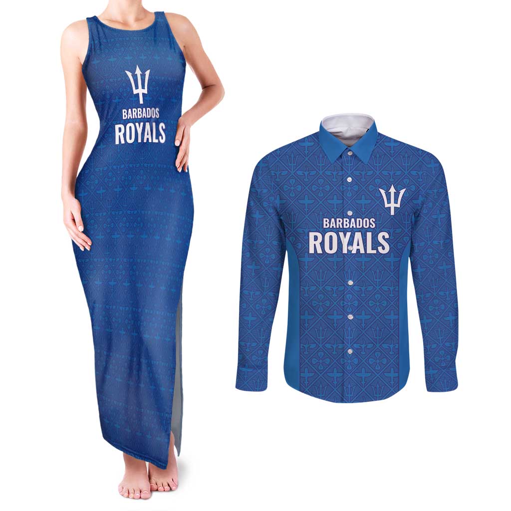 Caribbean Cricket Barbados Custom Couples Matching Tank Maxi Dress and Long Sleeve Button Shirt Strike of the Tridents - Wonder Print Shop