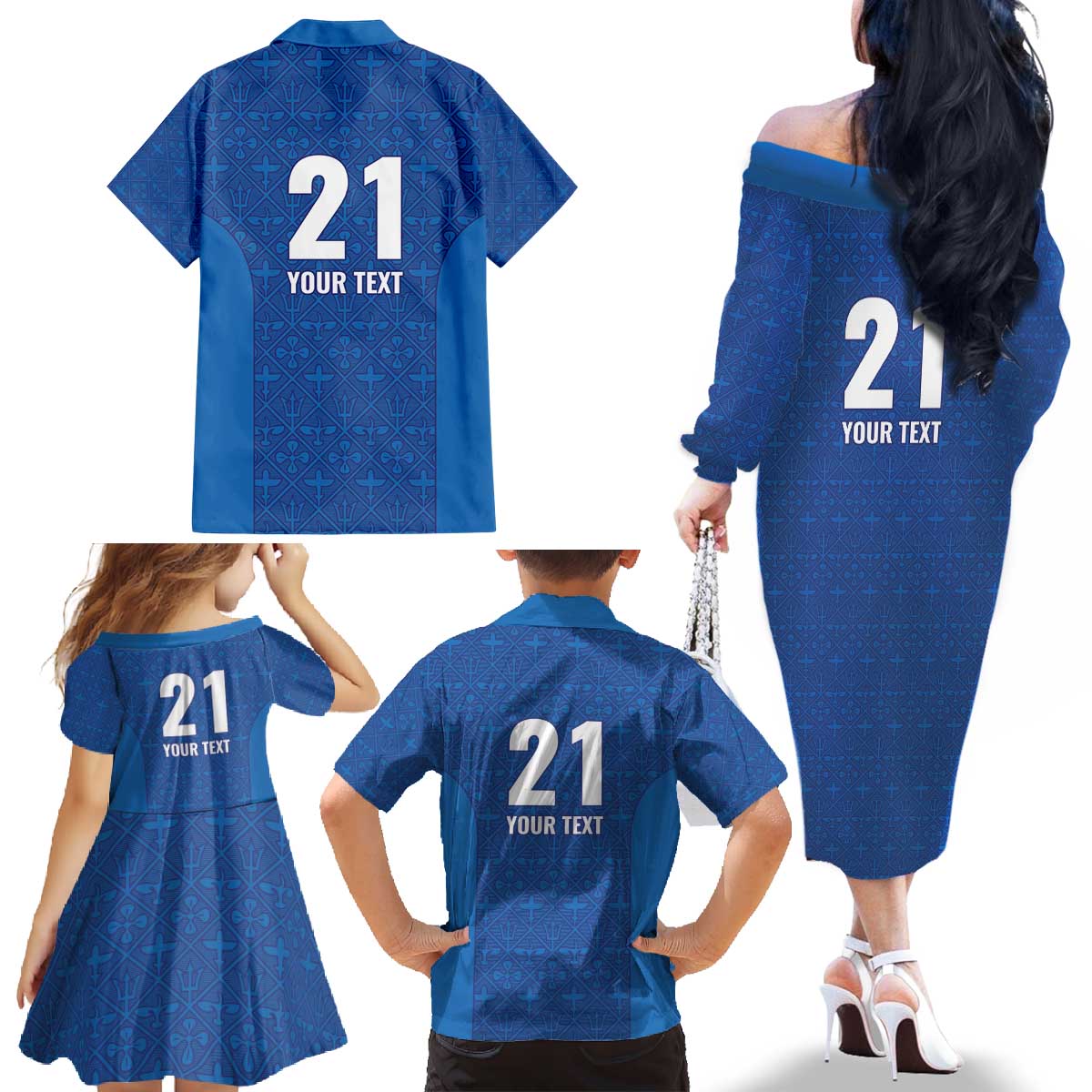 Caribbean Cricket Barbados Custom Family Matching Off The Shoulder Long Sleeve Dress and Hawaiian Shirt Strike of the Tridents - Wonder Print Shop