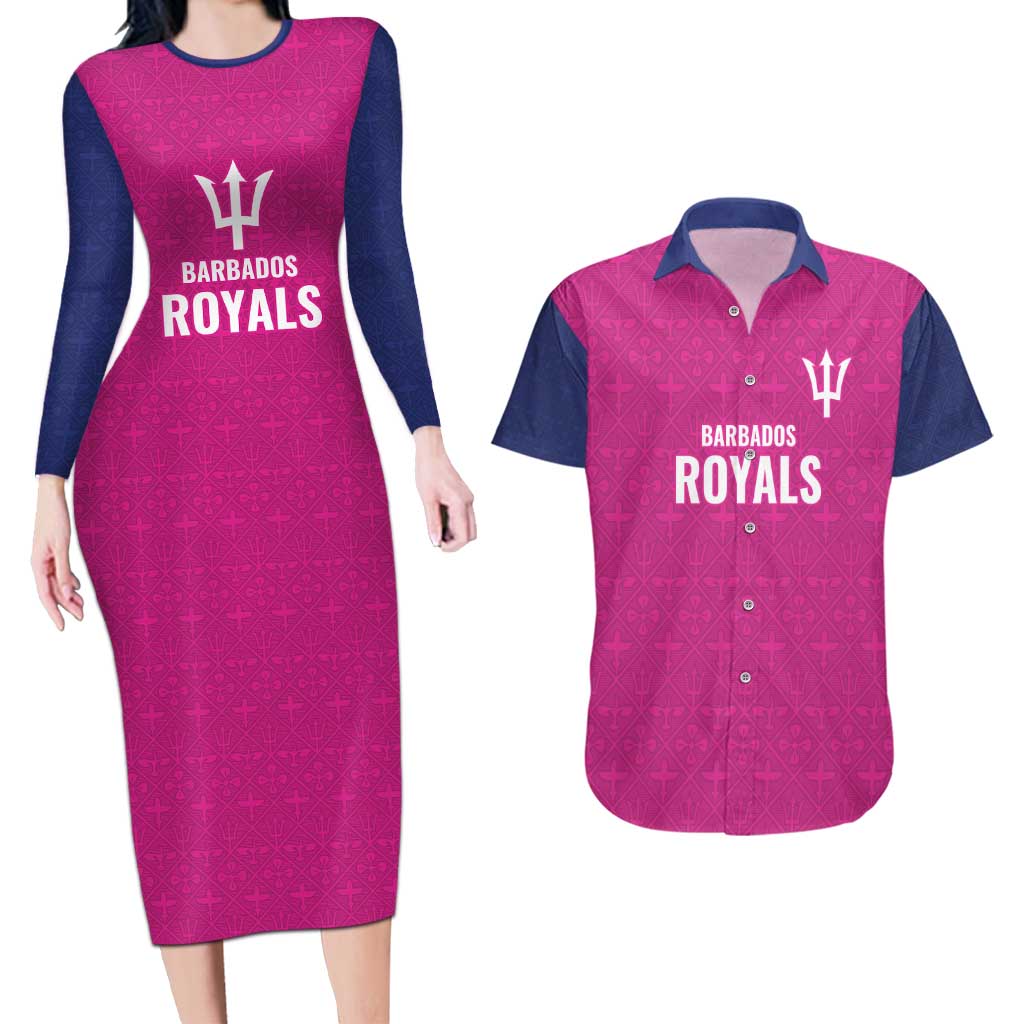 Caribbean Cricket Barbados Custom Couples Matching Long Sleeve Bodycon Dress and Hawaiian Shirt Strike of the Tridents Pink Fury - Wonder Print Shop