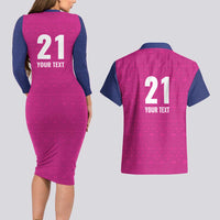Caribbean Cricket Barbados Custom Couples Matching Long Sleeve Bodycon Dress and Hawaiian Shirt Strike of the Tridents Pink Fury - Wonder Print Shop