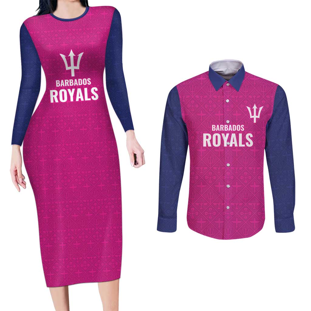 Caribbean Cricket Barbados Custom Couples Matching Long Sleeve Bodycon Dress and Long Sleeve Button Shirt Strike of the Tridents Pink Fury - Wonder Print Shop