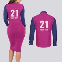 Caribbean Cricket Barbados Custom Couples Matching Long Sleeve Bodycon Dress and Long Sleeve Button Shirt Strike of the Tridents Pink Fury - Wonder Print Shop