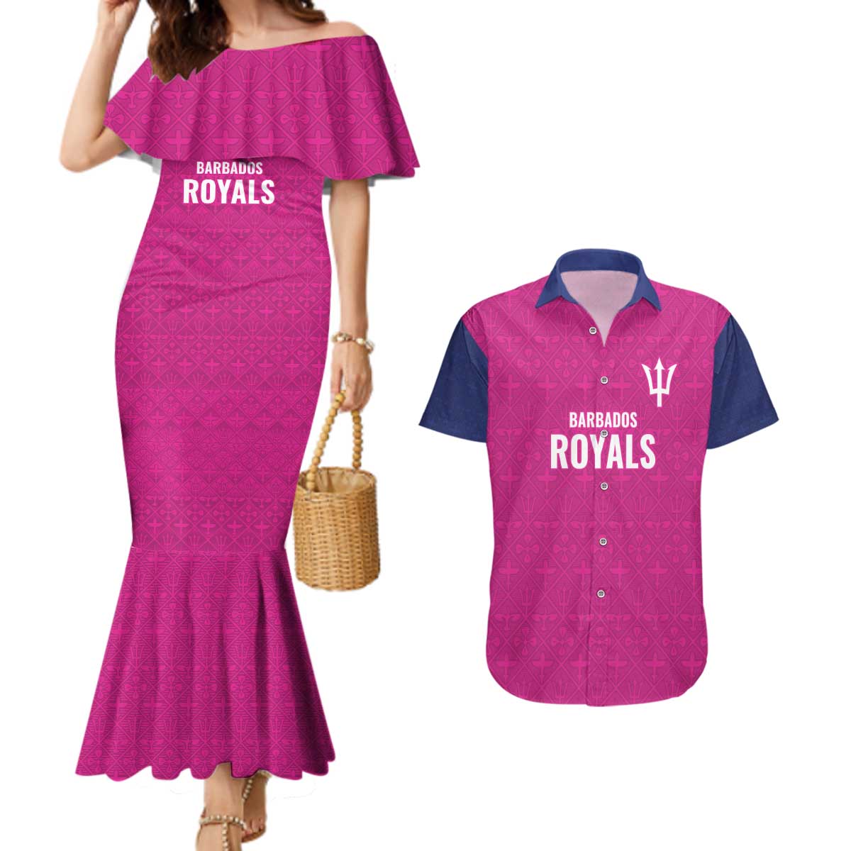Caribbean Cricket Barbados Custom Couples Matching Mermaid Dress and Hawaiian Shirt Strike of the Tridents Pink Fury - Wonder Print Shop